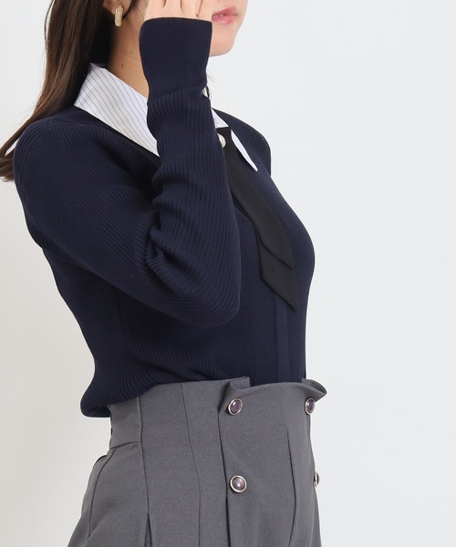 ASTORIA ODIER（アストリアオディール）の「３wayデタッチャブルボウタイニット(300日着られるニット/イージーケア/ウォッシャブル)（ニット/セーター・レディース・ネイビー/グレイッシュブルー/ホワイト×ブルー/ピンクベージュ・MEDIUM）」の13枚目の写真