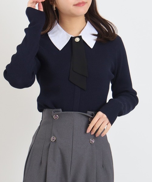 ASTORIA ODIER（アストリアオディール）の「３wayデタッチャブルボウタイニット(300日着られるニット/イージーケア/ウォッシャブル)（ニット/セーター・レディース・ネイビー/グレイッシュブルー/ホワイト×ブルー/ピンクベージュ・MEDIUM）」の10枚目の写真