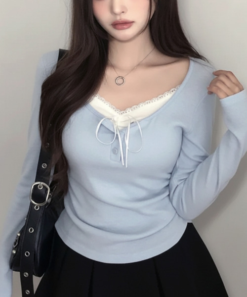 インナードッキング レイヤード風ヘンリーネックロンT（Tシャツ