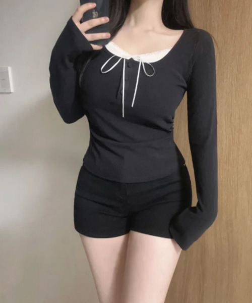 VIVID LADY(ビビッドレディー)の「インナードッキング レイヤード風ヘンリーネックロンT(Tシャツ/カットソー・レディース・クリーム/グレー/ライトブルー/ブラック/アイボリー/ピンク・FREE)」の17枚目の写真