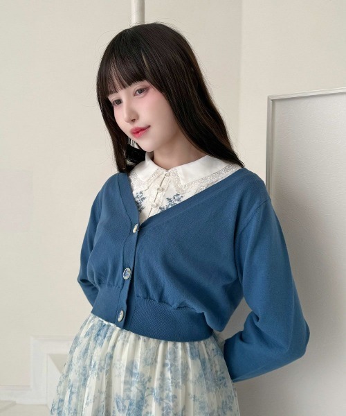 an another angelus(アンアナザーアンジェラス)の「ローズカメオ釦Vネックニットカーディガン(カーディガン/ボレロ・レディース・アイボリー/コーラルピンク/ブルー・FREE)」の2枚目の写真