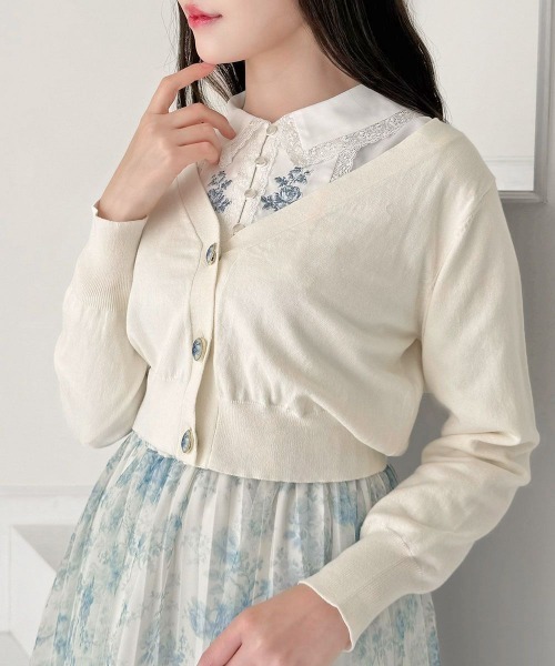 an another angelus(アンアナザーアンジェラス)の「ローズカメオ釦Vネックニットカーディガン(カーディガン/ボレロ・レディース・アイボリー/コーラルピンク/ブルー・FREE)」の13枚目の写真