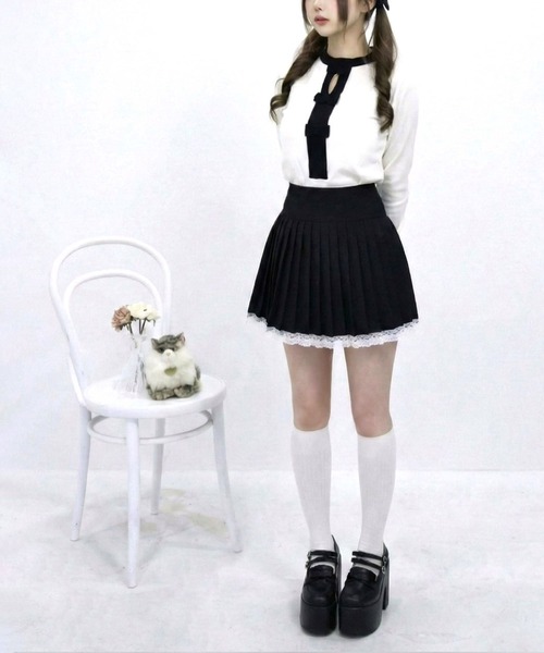 DearMyLoveRose(ディアマイラブローズ)の「レーステープミニプリーツスカート【大きいサイズ有り】(スカート・レディース・チャコールグレー/ブラック・LARGE/MEDIUM/LL)」の6枚目の写真