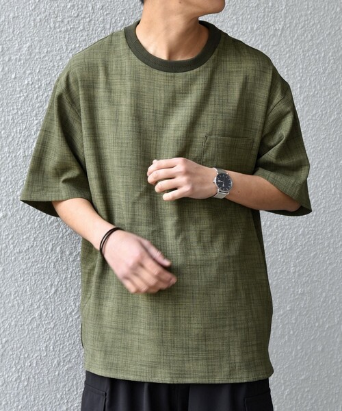 SHIPS any（シップス エニィ）の「SHIPS any:〈洗濯機可能〉FUTURE LINEN CANVAS リネンライク デザイン リブ ポケット Tシャツ◆（Tシャツ/カットソー・メンズ・オリーブ/ネイビー/ブルー/ブラウン・SMALL/LARGE/MEDIUM）」の3枚目の写真