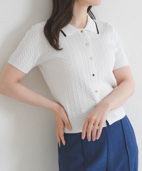 MISCH MASCH（ミッシュマッシュ）の「2026春夏新作 ケーブルポロ襟ニット（ニット/セーター・レディース・ブラック/ホワイト/レッド/シルバー・ﾌﾘ-）」の2枚目の写真