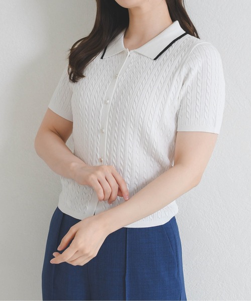 MISCH MASCH（ミッシュマッシュ）の「2026春夏新作 ケーブルポロ襟ニット（ニット/セーター・レディース・ブラック/ホワイト/レッド/シルバー・ﾌﾘ-）」の15枚目の写真