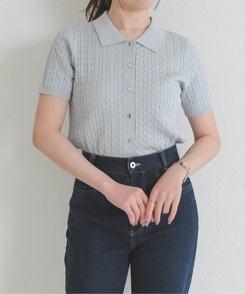 MISCH MASCH（ミッシュマッシュ）の「2026春夏新作 ケーブルポロ襟ニット（ニット/セーター・レディース・ブラック/ホワイト/レッド/シルバー・ﾌﾘ-）」の17枚目の写真