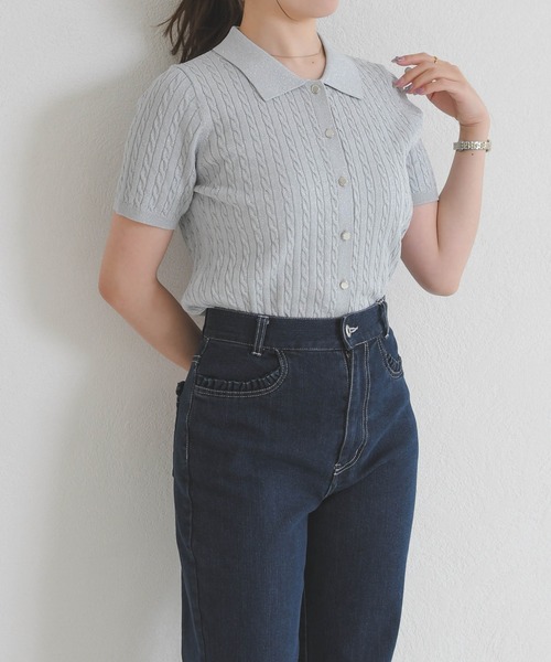 MISCH MASCH（ミッシュマッシュ）の「2026春夏新作 ケーブルポロ襟ニット（ニット/セーター・レディース・ブラック/ホワイト/レッド/シルバー・ﾌﾘ-）」の19枚目の写真