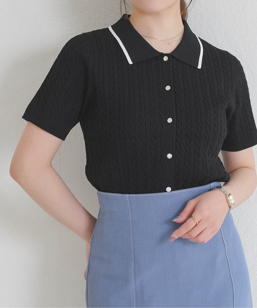 MISCH MASCH（ミッシュマッシュ）の「2026春夏新作 ケーブルポロ襟ニット（ニット/セーター・レディース・ブラック/ホワイト/レッド/シルバー・ﾌﾘ-）」の5枚目の写真