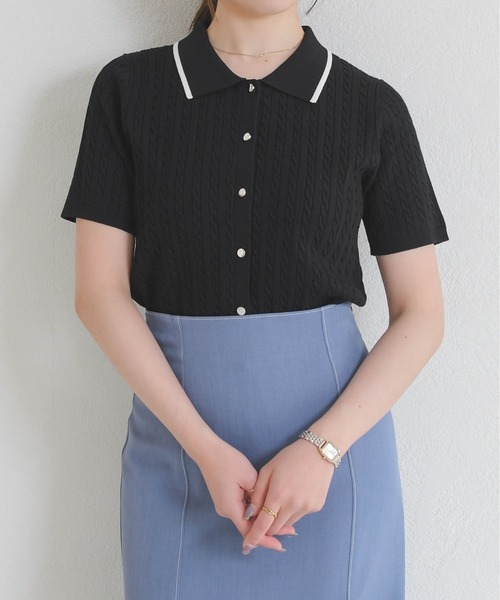 MISCH MASCH（ミッシュマッシュ）の「2026春夏新作 ケーブルポロ襟ニット（ニット/セーター・レディース・ブラック/ホワイト/レッド/シルバー・ﾌﾘ-）」の6枚目の写真