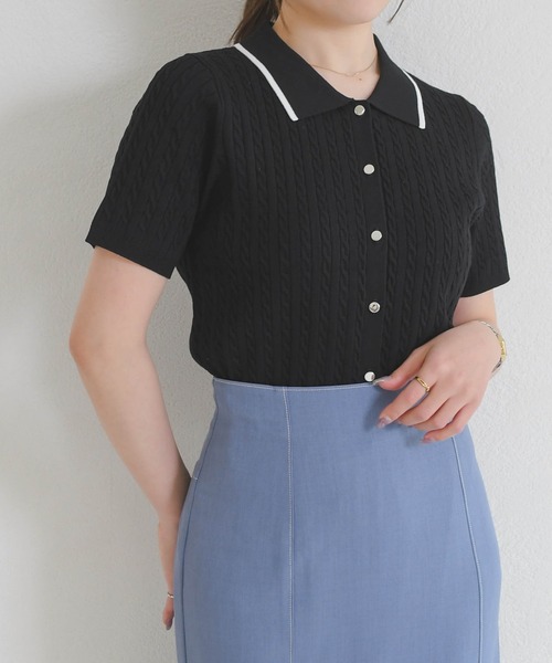 MISCH MASCH（ミッシュマッシュ）の「2026春夏新作 ケーブルポロ襟ニット（ニット/セーター・レディース・ブラック/ホワイト/レッド/シルバー・ﾌﾘ-）」の8枚目の写真