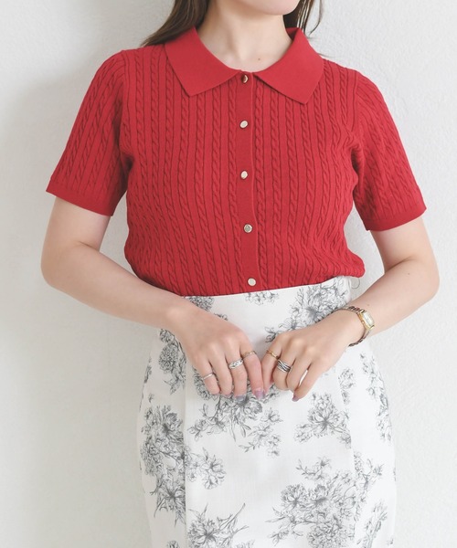 MISCH MASCH（ミッシュマッシュ）の「2026春夏新作 ケーブルポロ襟ニット（ニット/セーター・レディース・ブラック/ホワイト/レッド/シルバー・ﾌﾘ-）」の9枚目の写真