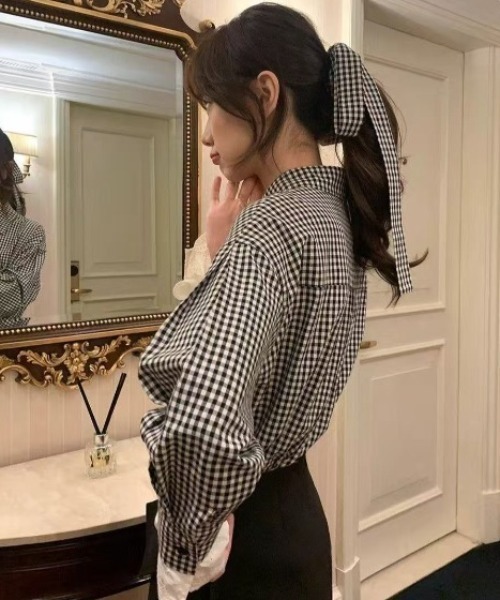 Achic(アシック)の「クラシックチェック リボンタイシャツ(Tシャツ/カットソー・レディース・ブラック・M)」の2枚目の写真