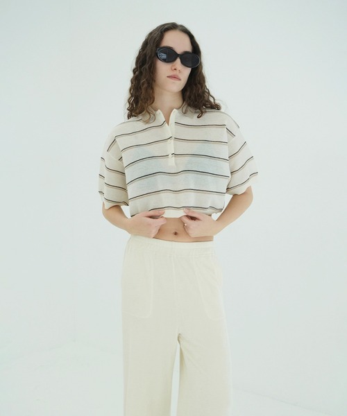 CLANE(クラネ)の「SPONGY SHEER POLO KNIT TOPS(ポロシャツ・レディース・アイボリー/ネイビー・1/2)」の3枚目の写真