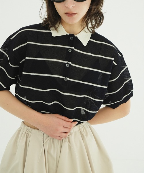 CLANE(クラネ)の「SPONGY SHEER POLO KNIT TOPS(ポロシャツ・レディース・アイボリー/ネイビー・1/2)」の9枚目の写真