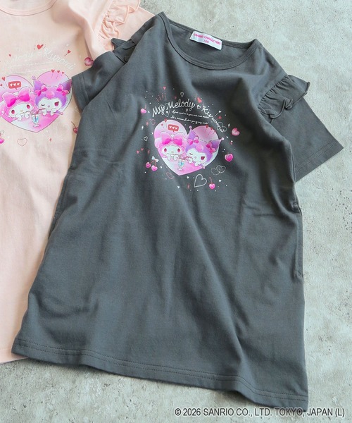 新品タグ付き　メゾピアノ　刺繍　カットソー　ピンク　90 ポシェット付き　フリル Bigイチゴ袖フリル 半袖Tシャツ(110cm ディープ ピンク): キッズ