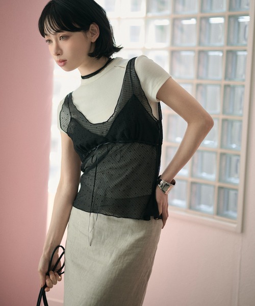 LAULEN（ローレン）の「polka dot sheer tulle cami / ポルカドットシアーチュールキャミ（キャミソール・レディース・グレー/ブラック/ホワイト・FREE）」の4枚目の写真