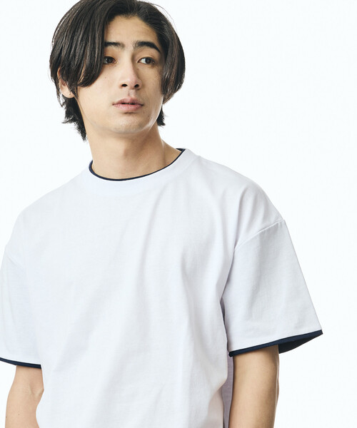 FREAK'S STORE(フリークスストア)の「限定展開 リラックスフィット 配色フェイクレイヤード クルーネック Tシャツ(Tシャツ/カットソー・メンズ・ネイビー/ダークグレー/ホワイト/チャコールグレー・LARGE/MEDIUM/SMALL)」の1枚目の写真