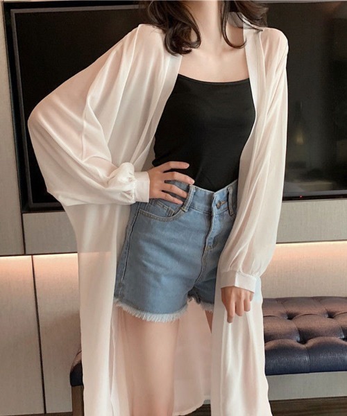 mielu(ミエル)の「シアーロングガウンカーディガン(カーディガン/ボレロ・レディース・ホワイト/グリーン・LARGE/MEDIUM)」の1枚目の写真