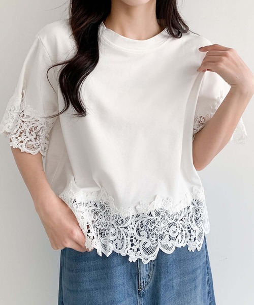 LOWO(ロワ)の「レースドッキングオーバーサイズTシャツ(Tシャツ/カットソー・レディース・ブルー/ホワイト/ブラック・FREE)」の2枚目の写真