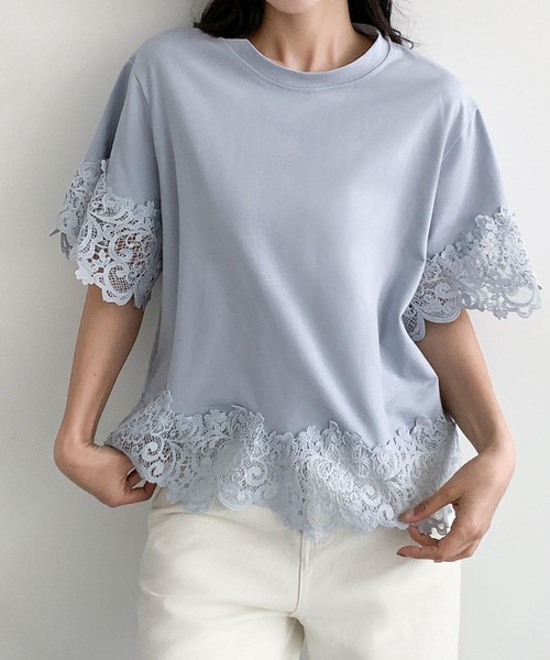 LOWO(ロワ)の「レースドッキングオーバーサイズTシャツ(Tシャツ/カットソー・レディース・ブルー/ホワイト/ブラック・FREE)」の1枚目の写真