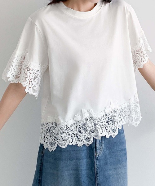 LOWO(ロワ)の「レースドッキングオーバーサイズTシャツ(Tシャツ/カットソー・レディース・ブルー/ホワイト/ブラック・FREE)」の4枚目の写真