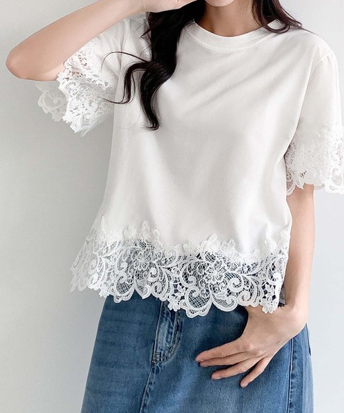 LOWO(ロワ)の「レースドッキングオーバーサイズTシャツ(Tシャツ/カットソー・レディース・ブルー/ホワイト/ブラック・FREE)」の6枚目の写真