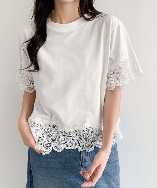 LOWO(ロワ)の「レースドッキングオーバーサイズTシャツ(Tシャツ/カットソー・レディース・ブルー/ホワイト/ブラック・FREE)」の7枚目の写真