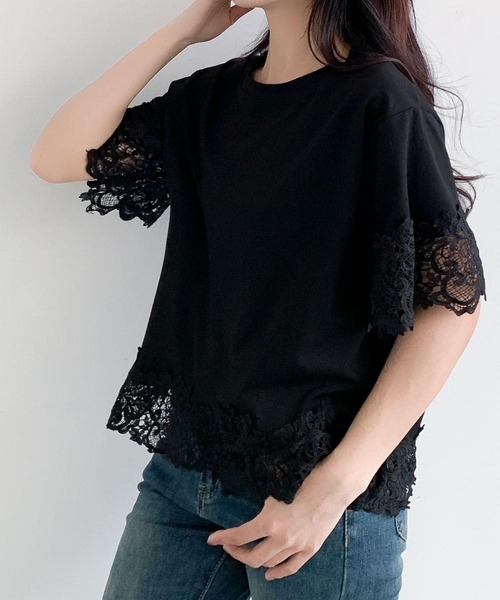 LOWO(ロワ)の「レースドッキングオーバーサイズTシャツ(Tシャツ/カットソー・レディース・ブルー/ホワイト/ブラック・FREE)」の9枚目の写真