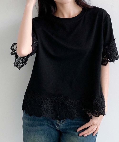 LOWO(ロワ)の「レースドッキングオーバーサイズTシャツ(Tシャツ/カットソー・レディース・ブルー/ホワイト/ブラック・FREE)」の12枚目の写真