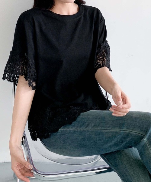 LOWO(ロワ)の「レースドッキングオーバーサイズTシャツ(Tシャツ/カットソー・レディース・ブルー/ホワイト/ブラック・FREE)」の14枚目の写真
