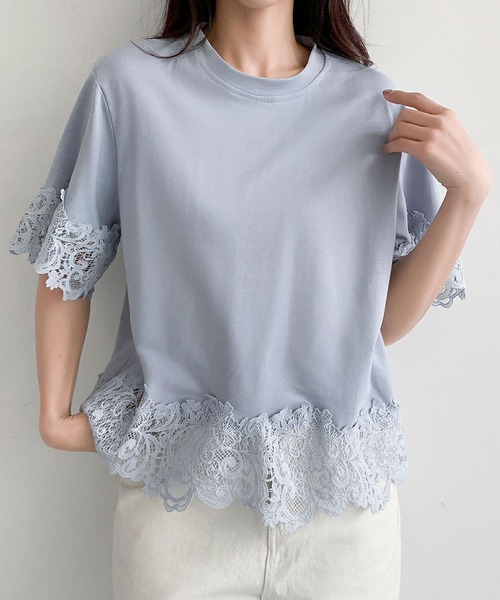 LOWO(ロワ)の「レースドッキングオーバーサイズTシャツ(Tシャツ/カットソー・レディース・ブルー/ホワイト/ブラック・FREE)」の17枚目の写真