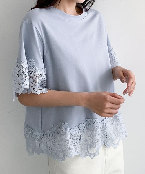 LOWO(ロワ)の「レースドッキングオーバーサイズTシャツ(Tシャツ/カットソー・レディース・ブルー/ホワイト/ブラック・FREE)」の18枚目の写真