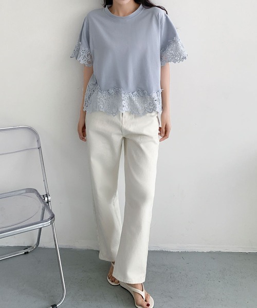 LOWO(ロワ)の「レースドッキングオーバーサイズTシャツ(Tシャツ/カットソー・レディース・ブルー/ホワイト/ブラック・FREE)」の19枚目の写真
