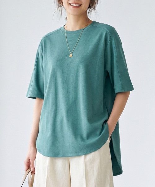 MULEXS(ミューレクス)の「シルケットコットン100% ラウンドヘム ビッグシルエット 5分袖 Tシャツ オーバーサイズ(Tシャツ/カットソー・レディース・グリーン系/チャコールグレー/スカイブルー/イエロー・M/L)」の2枚目の写真