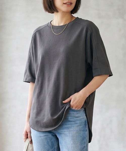 MULEXS(ミューレクス)の「シルケットコットン100% ラウンドヘム ビッグシルエット 5分袖 Tシャツ オーバーサイズ(Tシャツ/カットソー・レディース・グリーン系/チャコールグレー/スカイブルー/イエロー・M/L)」の1枚目の写真