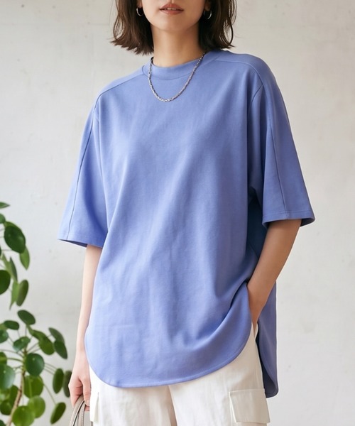 MULEXS(ミューレクス)の「シルケットコットン100% ラウンドヘム ビッグシルエット 5分袖 Tシャツ オーバーサイズ(Tシャツ/カットソー・レディース・グリーン系/チャコールグレー/スカイブルー/イエロー・M/L)」の3枚目の写真