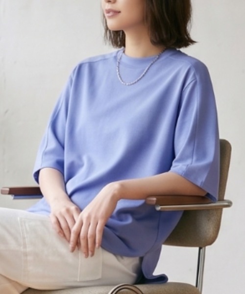 MULEXS(ミューレクス)の「シルケットコットン100% ラウンドヘム ビッグシルエット 5分袖 Tシャツ オーバーサイズ(Tシャツ/カットソー・レディース・グリーン系/チャコールグレー/スカイブルー/イエロー・M/L)」の16枚目の写真