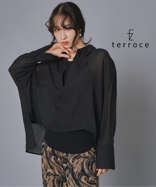 terrace（テラス）の「ドロストヘムスキッパーガーゼブラウス（シャツ/ブラウス・レディース・ブラック/ブラウン/オフホワイト・FREE）」の3枚目の写真