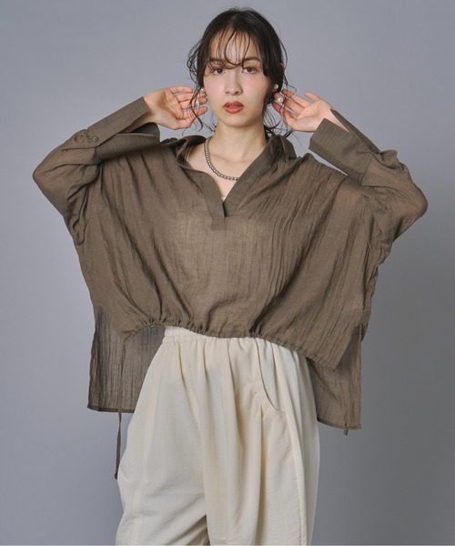 terrace（テラス）の「ドロストヘムスキッパーガーゼブラウス（シャツ/ブラウス・レディース・ブラック/ブラウン/オフホワイト・FREE）」の4枚目の写真