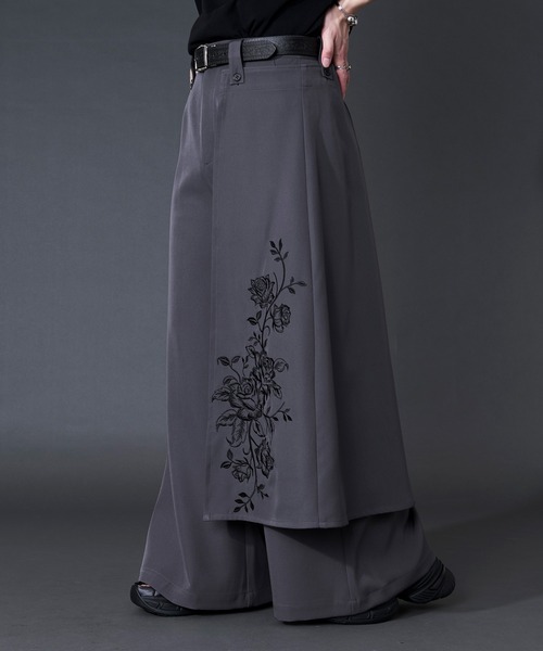 Ellno Loset(エルノロゼット)の「2wayフラワー刺繍ラップワイドパンツ(スラックス・メンズ・ブラック/グレー・LARGE/MEDIUM/SMALL/X-SMALL)」の4枚目の写真