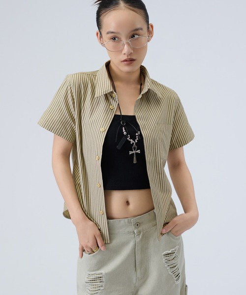 FTW(エフティダブリュー)の「STRIPE COMPACT SHIRTS(シャツ/ブラウス・レディース・ネイビー/ベージュ・SMALL/MEDIUM)」の1枚目の写真