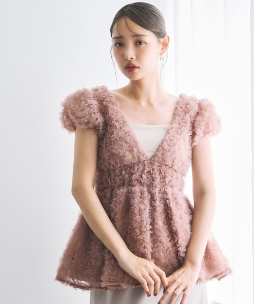 【タグ・ショッパー付き】polaura ペプラムチュニック ピンク フラワーぺプラムバックリボンチュニック（シャツ/ブラウス）｜polaura