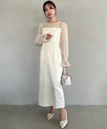 ジャガードシアースリーブロングドレス ロングワンピース パーティードレス 結婚式 お呼ばれ オケージョンドレス