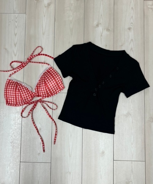 NANEA(ナネア)の「インナーブラトップセット 深VネッククロップドタイトTシャツ(Tシャツ/カットソー・レディース・ホワイト/ブラック/グレー・フリー)」の11枚目の写真