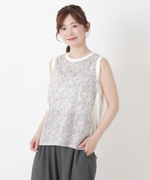 one'sterrace(ワンズテラス)の「花柄プリント 天竺切替 タンクトップ(Tシャツ/カットソー・レディース・ネイビー系5/ホワイト系9/アイボリー系8・02)」の2枚目の写真