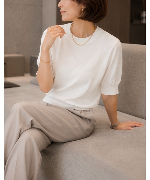 FAZVY(ファズビー)の「クルーネック五分袖ニット(Tシャツ/カットソー・レディース・ブラック/ホワイト・M)」の1枚目の写真