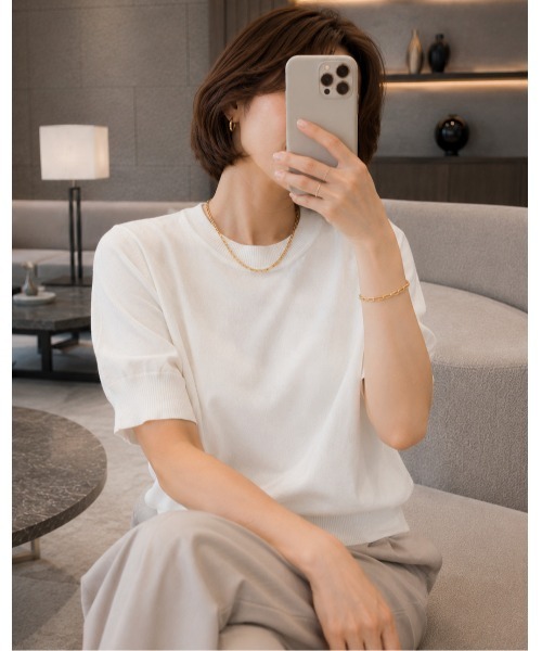 FAZVY(ファズビー)の「クルーネック五分袖ニット(Tシャツ/カットソー・レディース・ブラック/ホワイト・M)」の9枚目の写真
