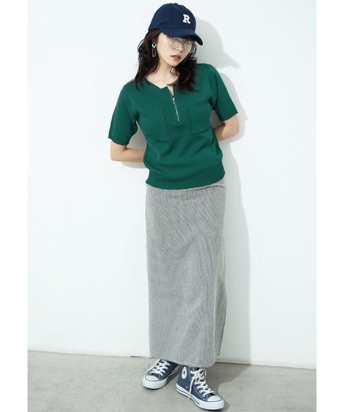 Fashion Letter(ファッションレター)の「ハーフZIP ポケット付き サマーニットトップス(Tシャツ/カットソー・レディース・グリーン/ブラック/グレイッシュベージュ/アイボリー・M)」の1枚目の写真