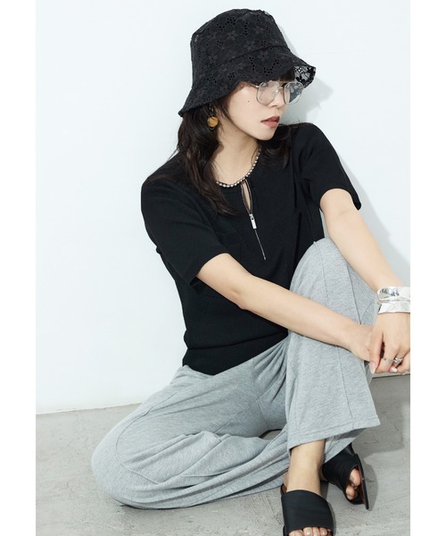 Fashion Letter(ファッションレター)の「ハーフZIP ポケット付き サマーニットトップス(Tシャツ/カットソー・レディース・グリーン/ブラック/グレイッシュベージュ/アイボリー・M)」の5枚目の写真